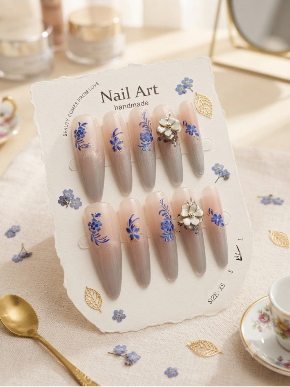 Handmade Blue Floral Ombre Press-On Nails - Nail Art